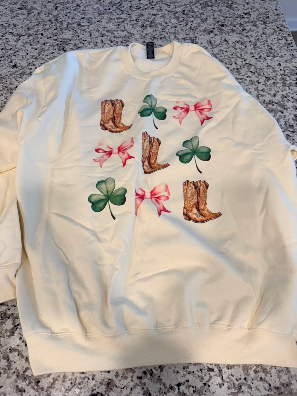 Gildan Cream Sweatshirt with Green Shamrocks, Pink Bows & Brown Cowboy Boots